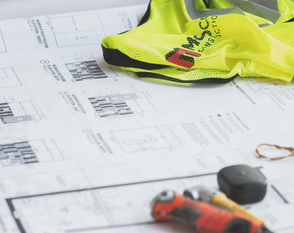 Construction workers standing over architectural plans